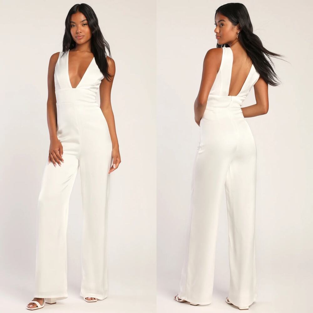 Lulus Ultimate Allure Ivory Satin Wide-Leg Jumpsuit
